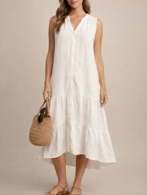 Drew White Cotton Gauze Sleeveless Tiered Button-Front Maxi Dress Boho Large